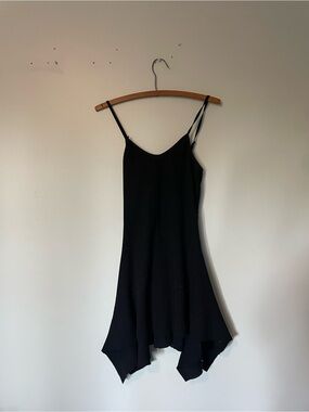 Black Ribbed Spaghetti-Strap Handkerchief-Hem Mini Dress